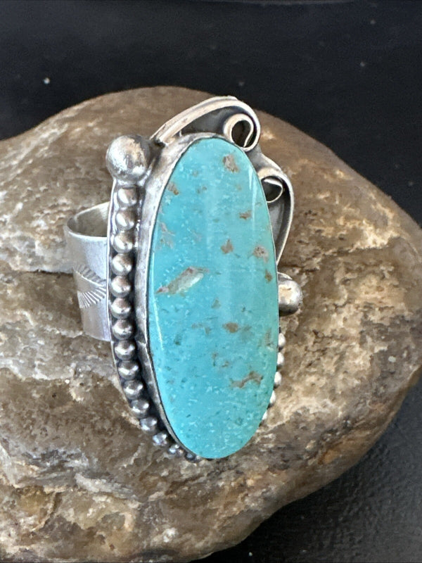 Navajo Blue Turquoise Stamped Ring Size 11 | Sterling Silver | Authentic Native American Handmade | 18771