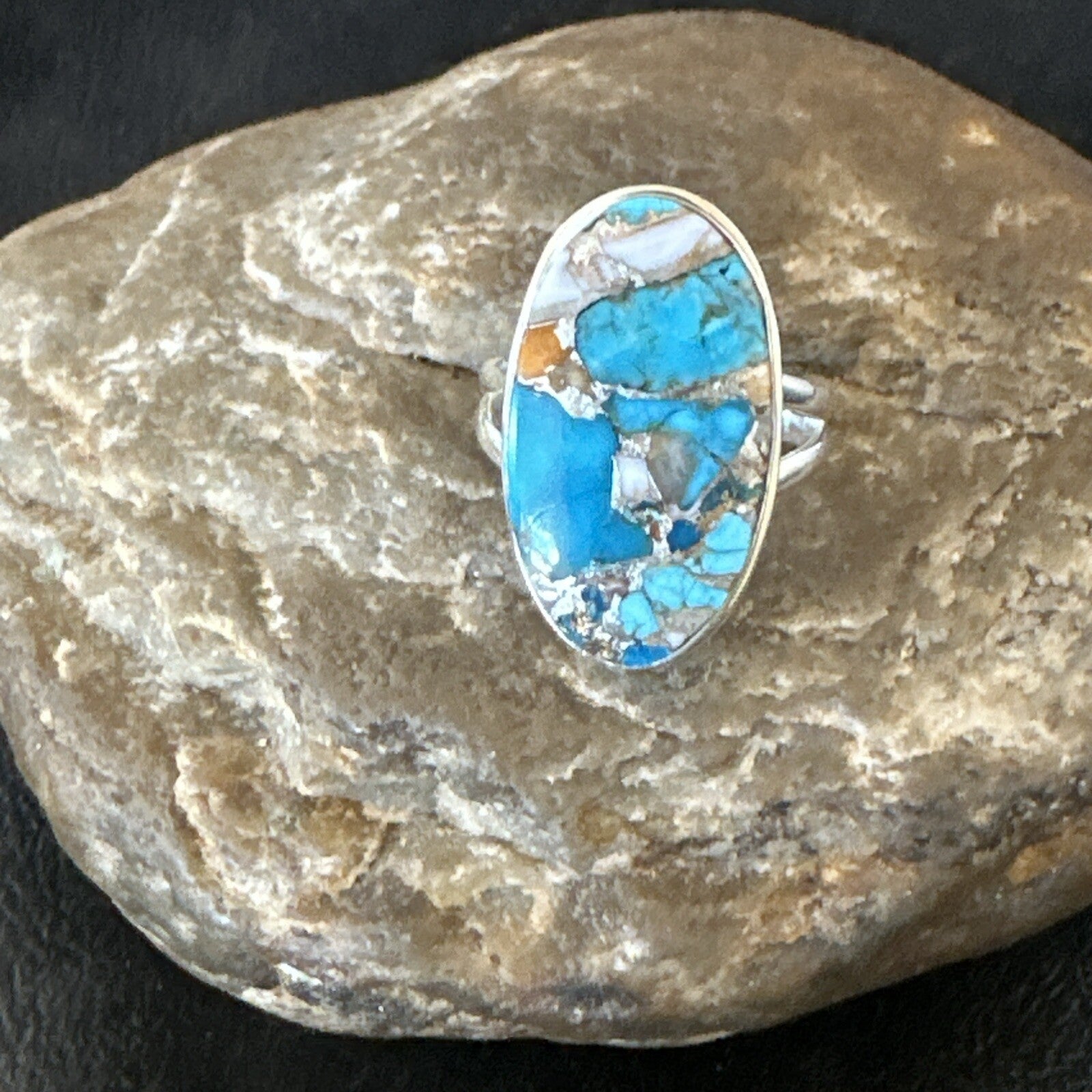 Blue Turquoise Spiny Oyster Southwestern Sterling Silver Ring Size 9 18538
