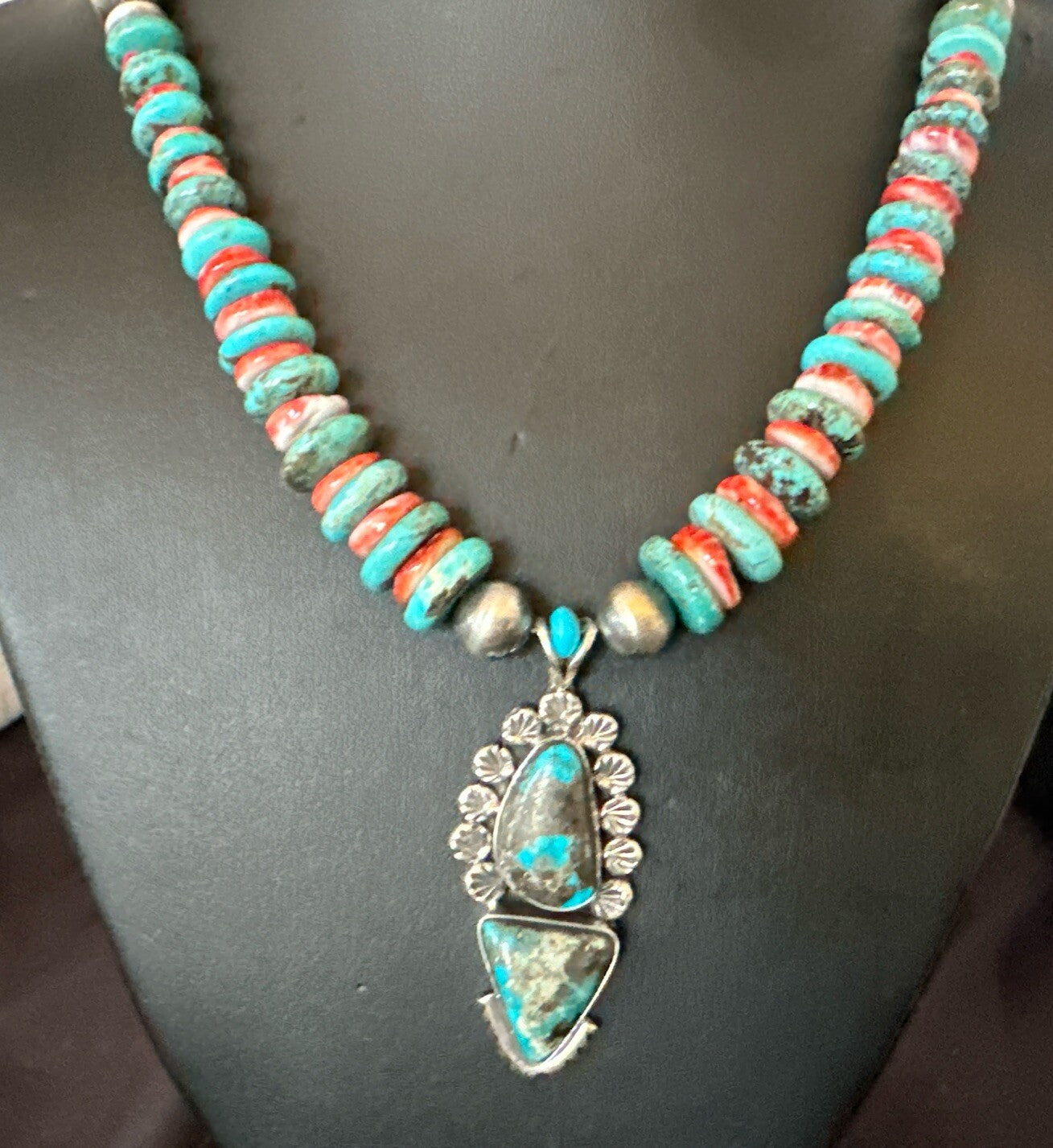 Blue Kingman Turquoise Spiny Navajo Sterling Silver Pendant Necklace 23” 17690
