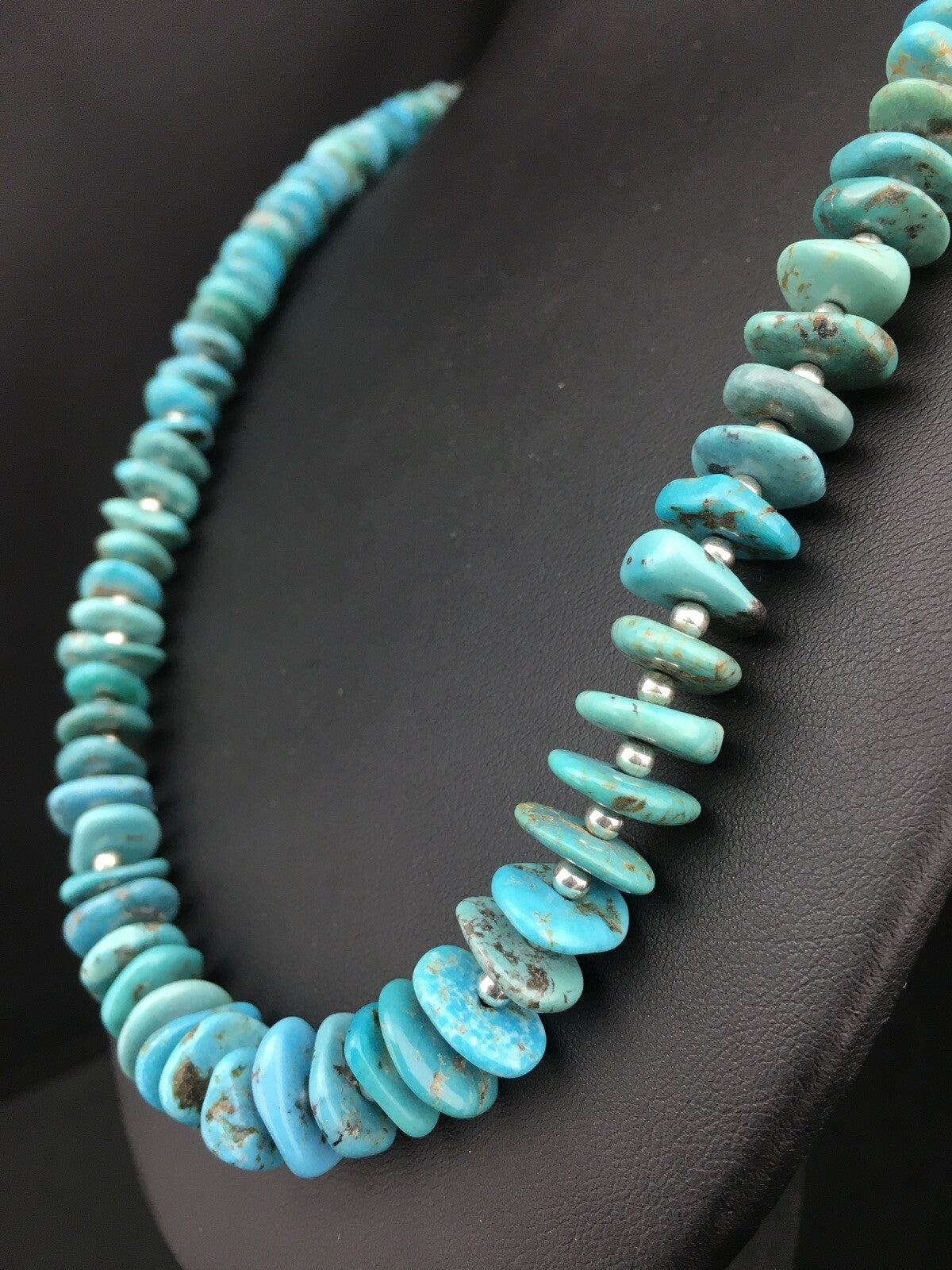 Blue Turquoise Graduated Navajo Pearls Sterling Silver Necklace 23" 01348