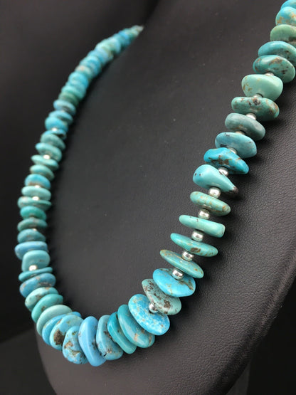 Blue Turquoise Graduated Navajo Pearls Sterling Silver Necklace 23" 01348
