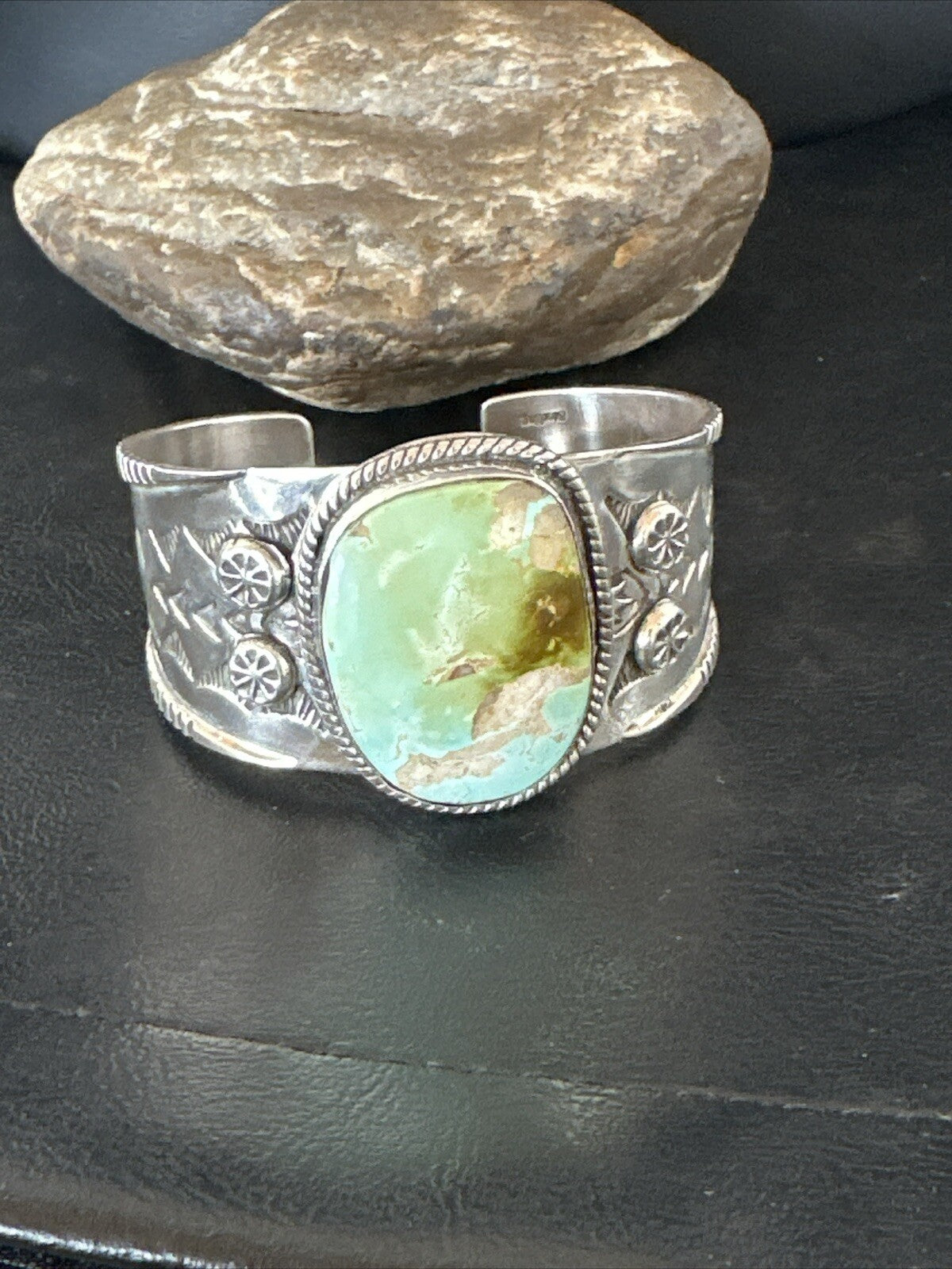 Navajo Women Green Royston Turquoise Stamped Sterling Silver Cuff Bracelet 17865
