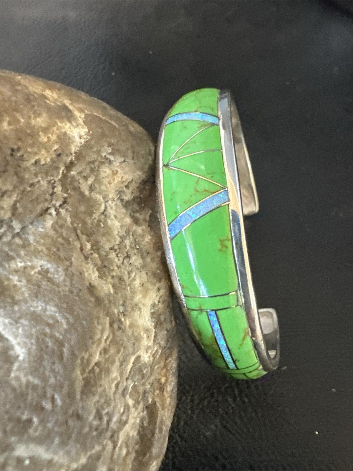 Womens Green Gaspeite Inlay Cuff Bracelet 7.05” Sterling Silver 19153