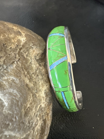 Womens Green Gaspeite Inlay Cuff Bracelet 7.05” Sterling Silver 19153