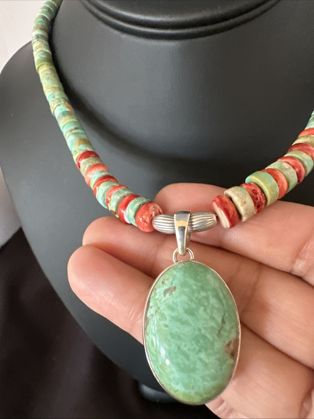 Green Turquoise Pendant Spiny Navajo Sterling Silver Heishi Necklace 21" 19204