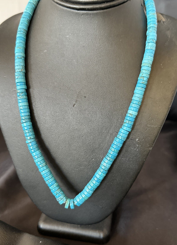 Robin Egg Blue Turquoise Heishi Navajo Necklace 24" | Sterling Silver | Authentic Native American Handmade | 18325
