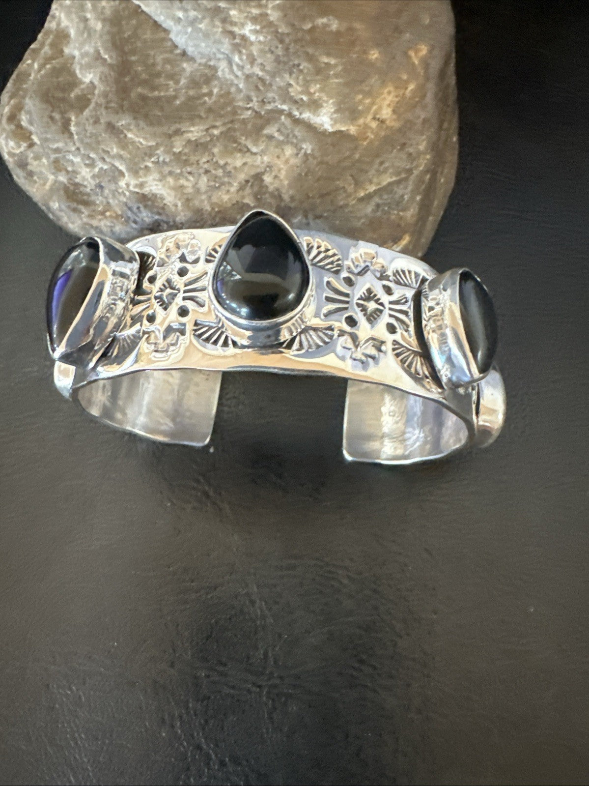 Mens Womens Navajo Sterling Silver Black Onyx Cluster Cuff Bracelet 7.5" 19434