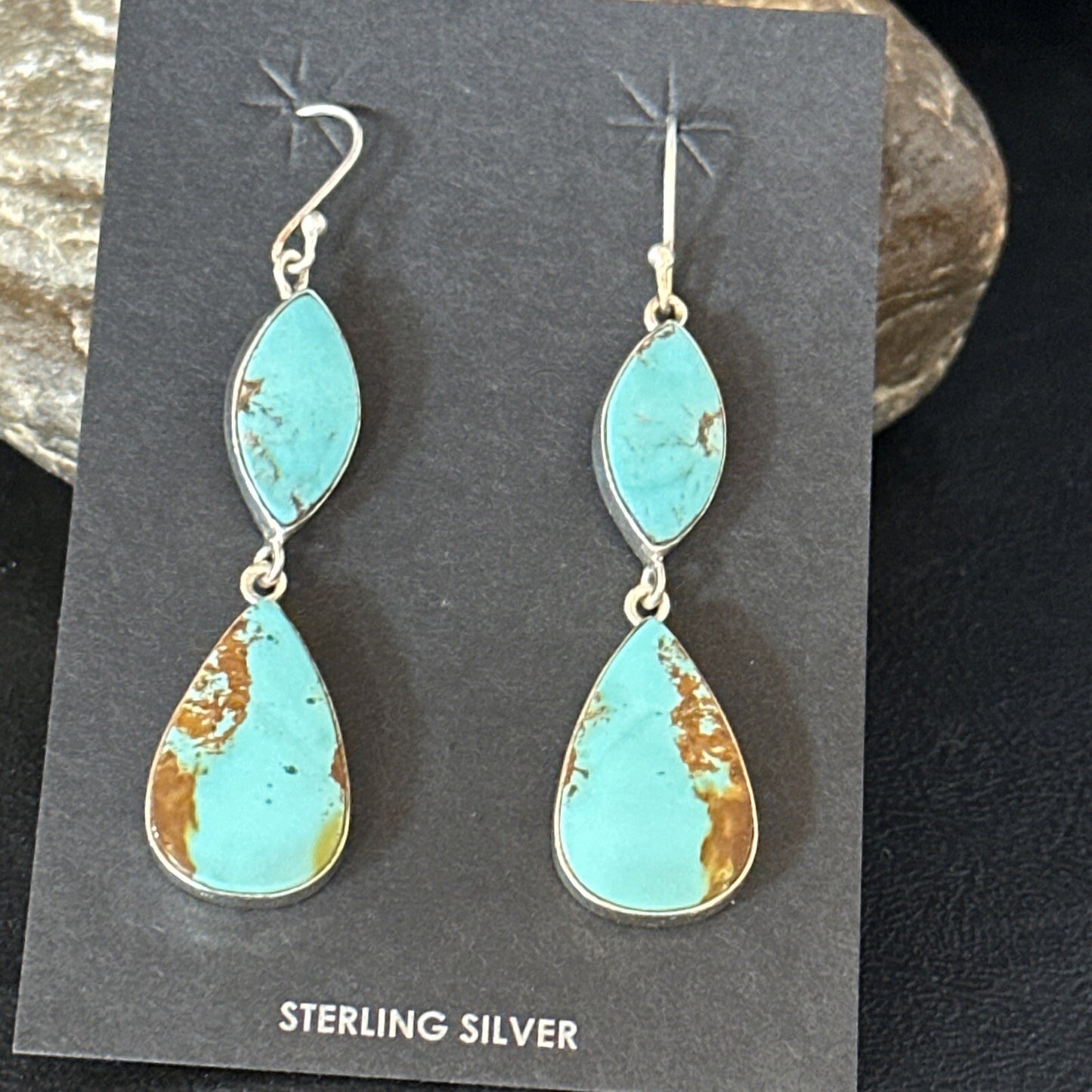 Blue Kingman Turquoise Navajo Sterling Silver Dangle Earrings 14577