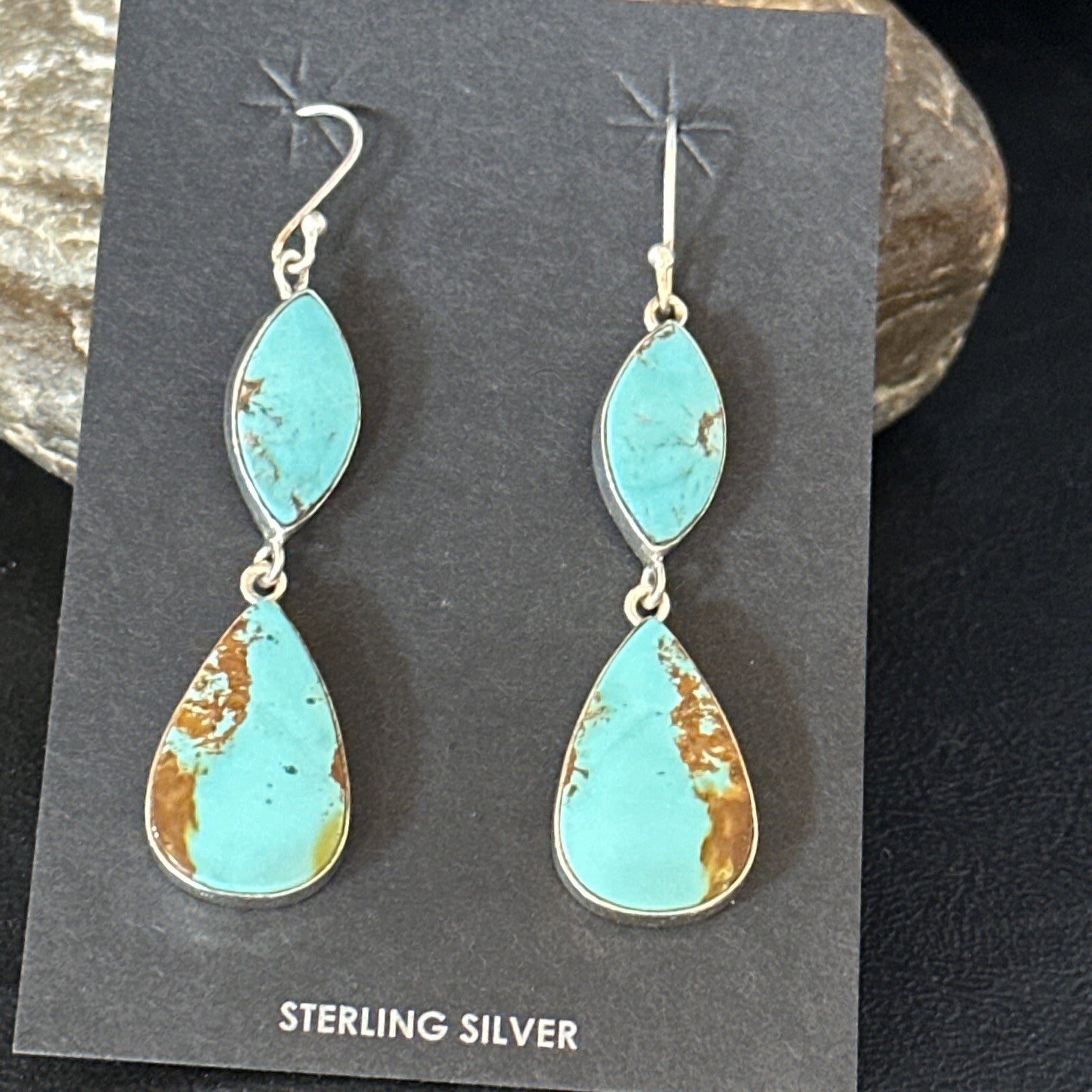 Blue Kingman Turquoise Navajo Sterling Silver Dangle Earrings 14577