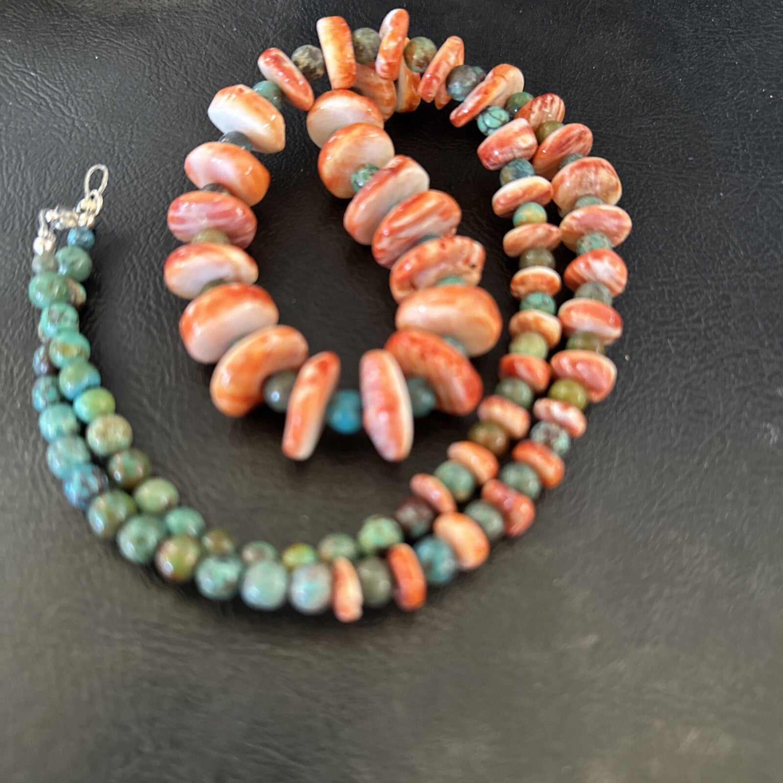 Red Spiny Oyster Green Turquoise 23” Long Navajo Sterling Silver Necklace 17762