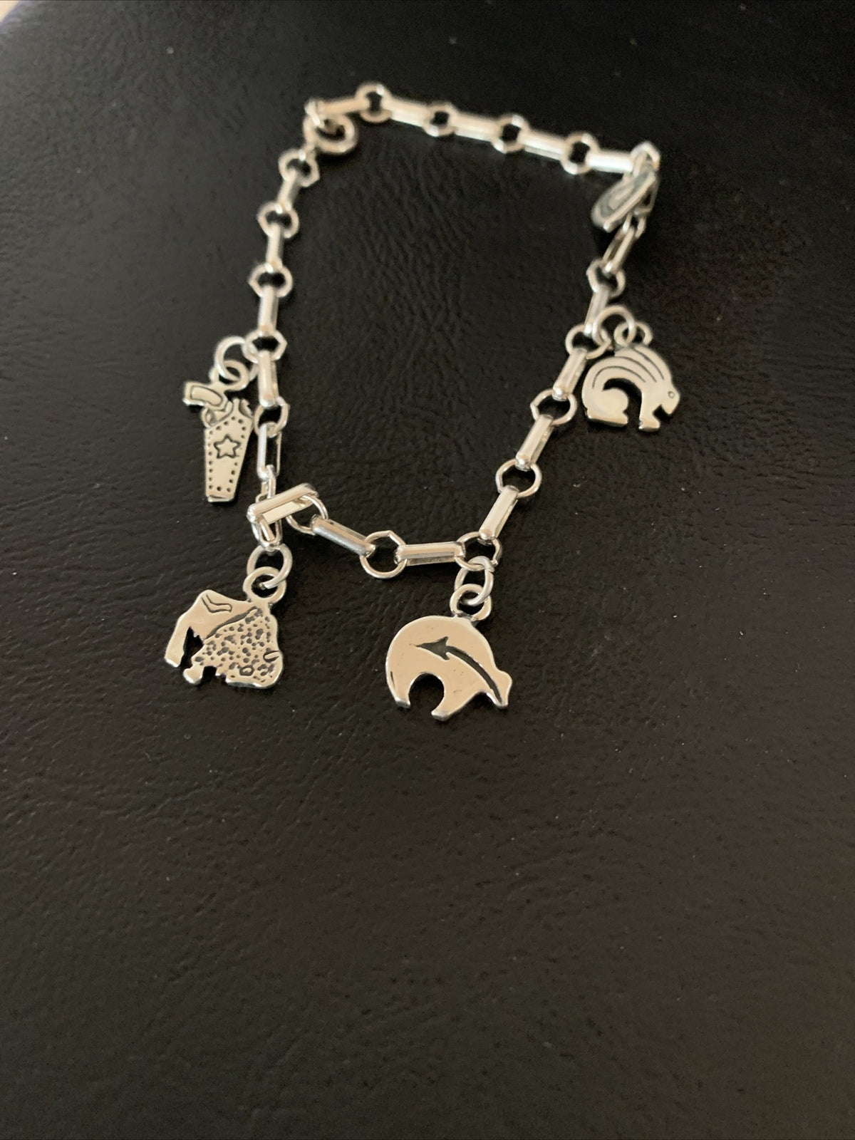 Kokopelli Different Charms Navajo Sterling Silver Link Bracelet 7.5" 1464
