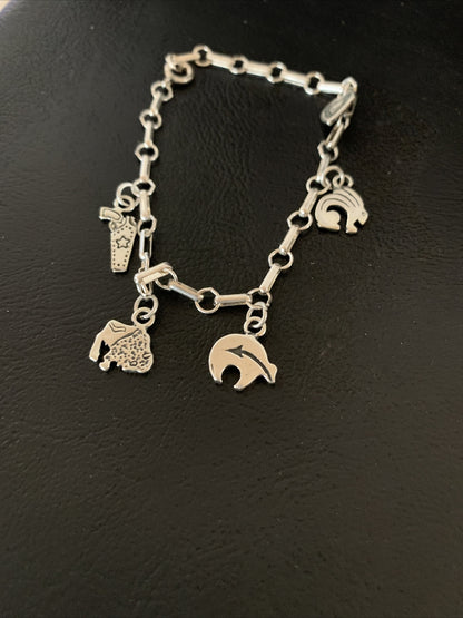 Kokopelli Different Charms Navajo Sterling Silver Link Bracelet 7.5" 1464