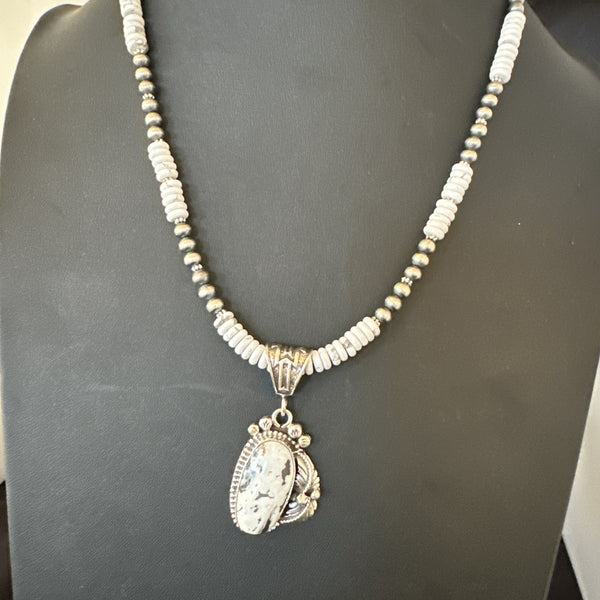 White Buffalo Turquoise Pendant Navajo Pearls Necklace 20" | Sterling Silver | Authentic Native American Handmade | 19498