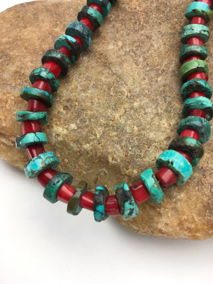 Turquoise Heishi 10 mm Bamboo Coral Sterling Silver Necklace
