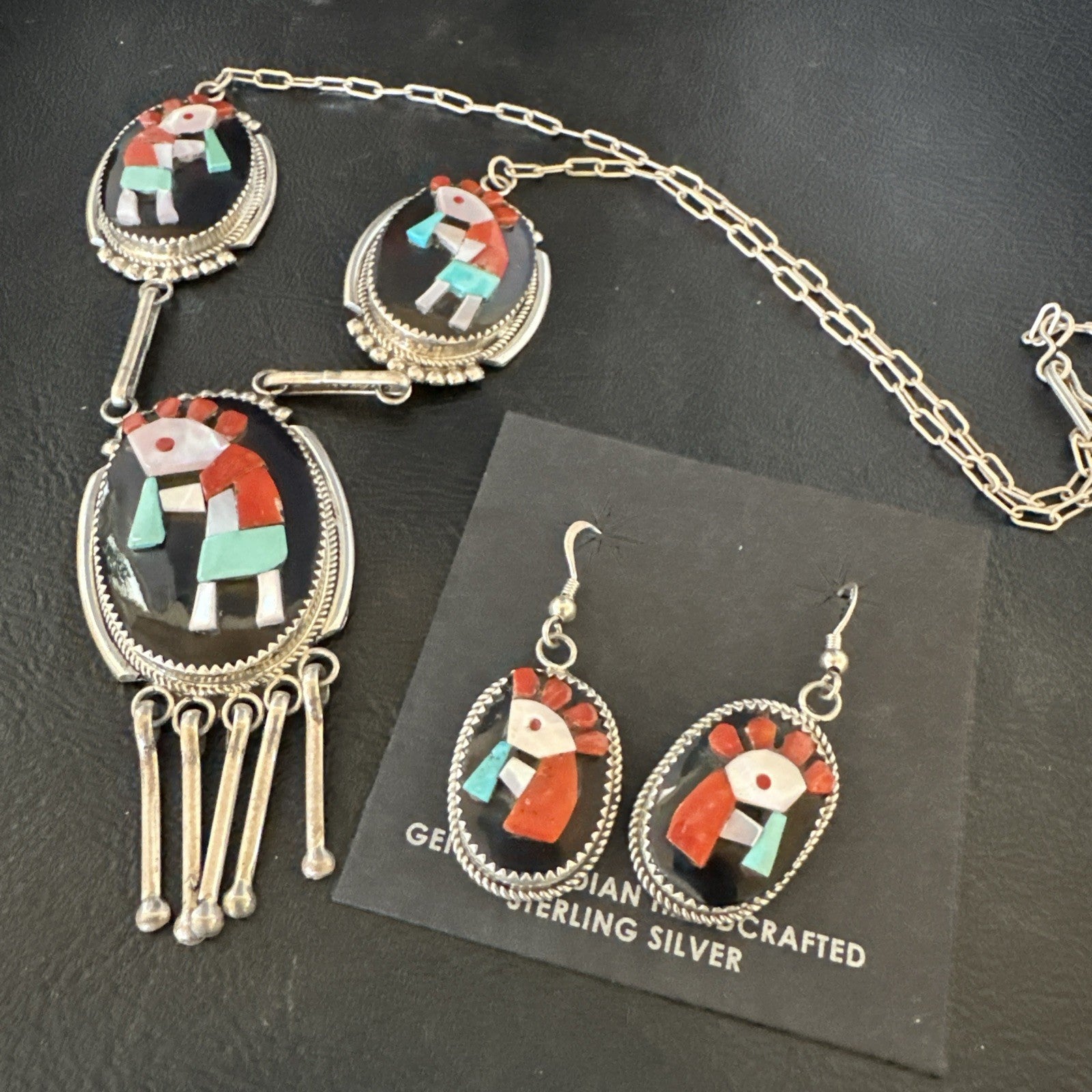Kokopelli Turquoise Coral Zuni Inlay Sterling Silver Necklace Earrings 19078 Set