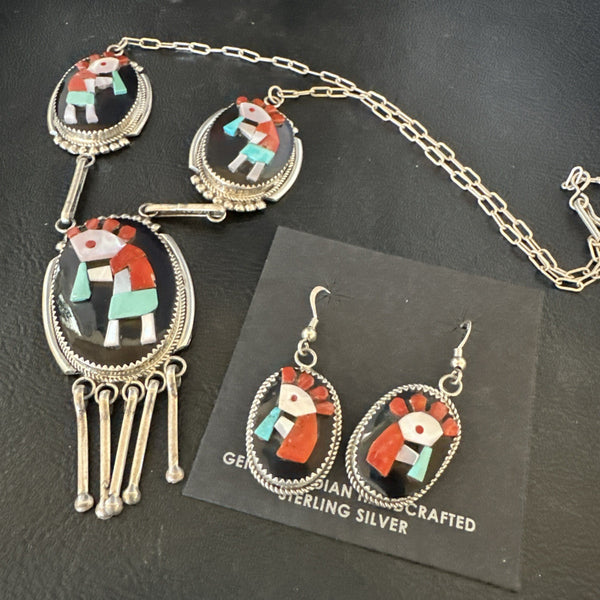 Kokopelli Turquoise Coral Zuni Inlay Necklace Earrings 19078 Set | Sterling Silver | Authentic Native American Handmade