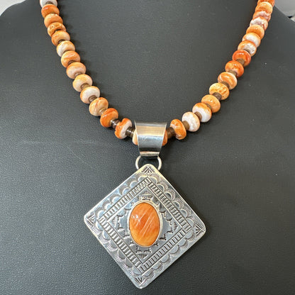 H Joe Orange Spiny Oyster Pendant Navajo Sterling Silver Necklace 19481