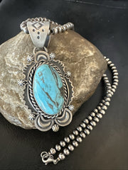 Men's Women's Blue Turquoise Pendant Beads Necklace | Sterling Silver | Authentic Native American Handmade | 18649