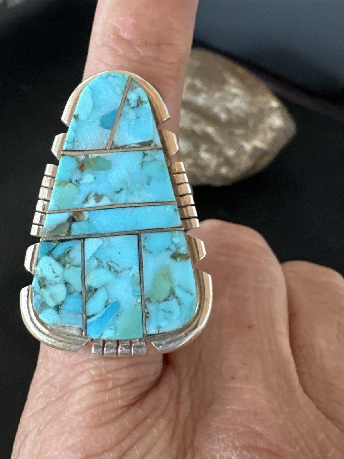 Blue Turquoise Navajo Inlay Sterling Silver Ring Size 11 19782