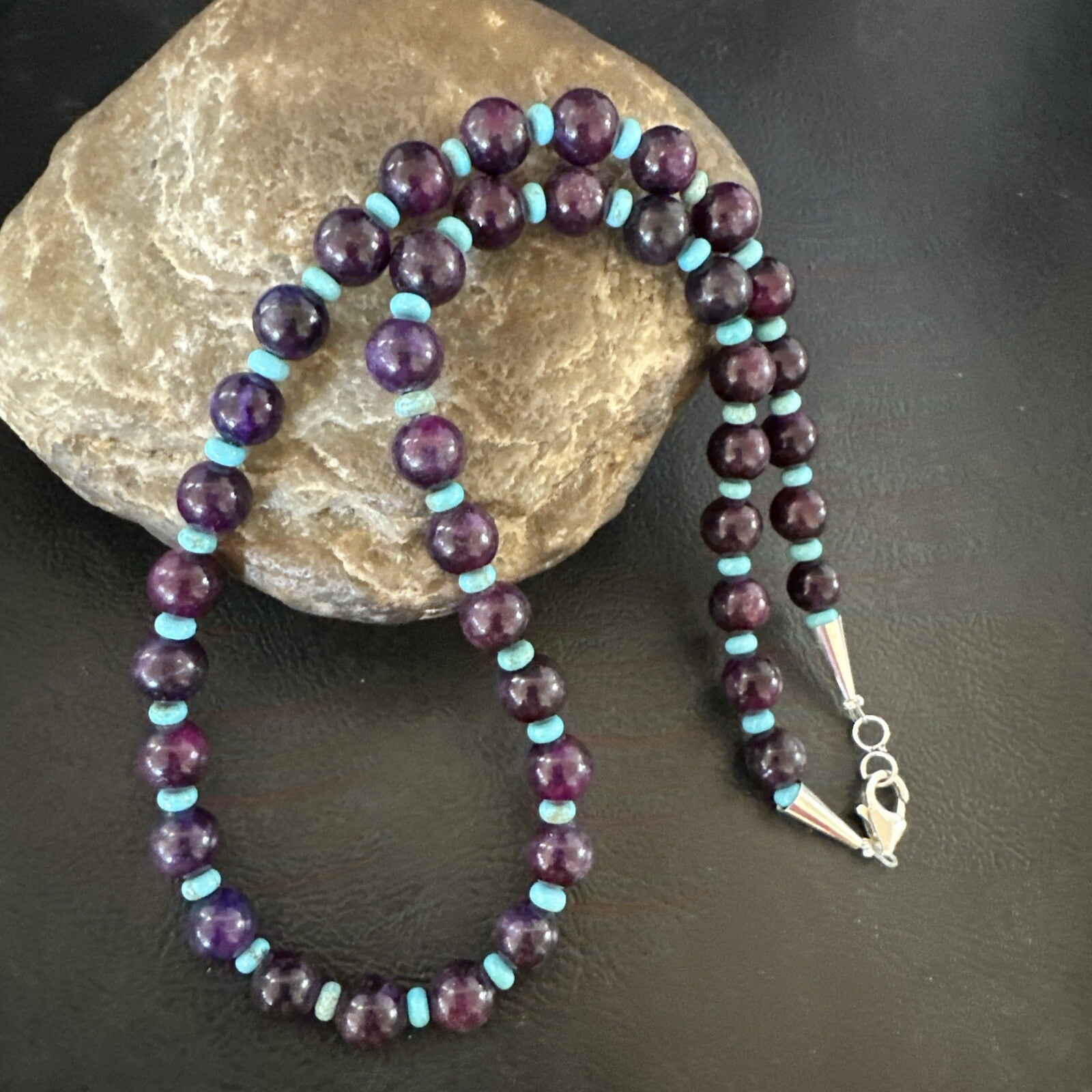 Purple Stone Blue Turquoise Bead Navajo Sterling Silver Necklace 18” 17788
