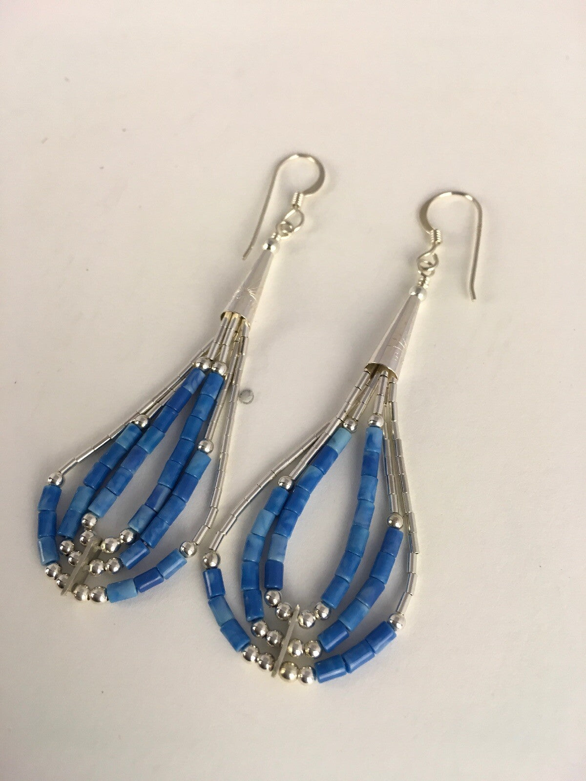 Blue Turquoise Heishi Tube Liquid Sterling Silver Dangle Earrings 2” 8873