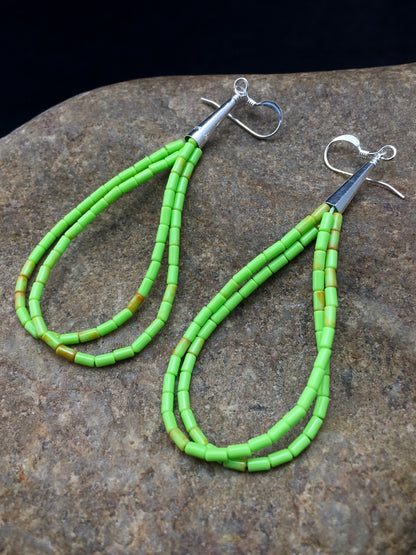 Gift Liquid Silver Heishi Dangle Green Gaspeite Sterling 2S Earrings 2.5” 4370
