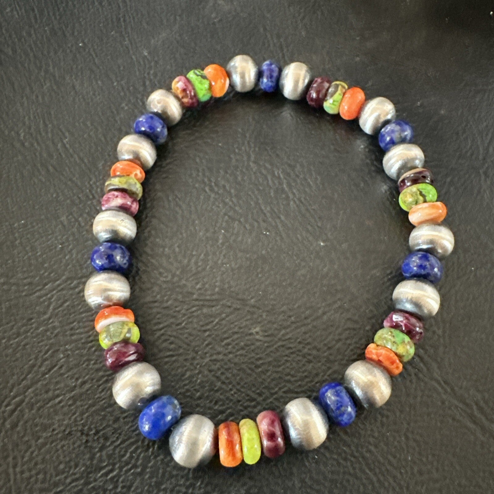 Multicolor Lapis Turquoise Stretch Bead Bracelet Navajo Sterling Silver 17907