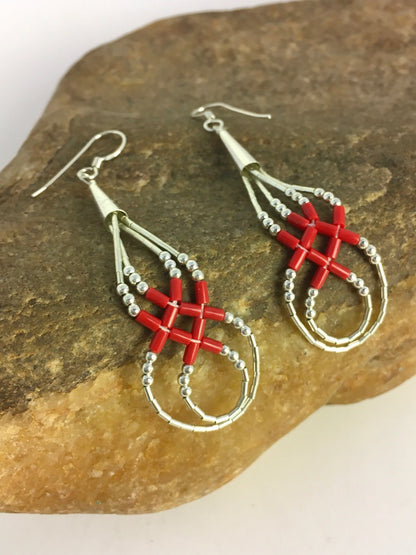Native Red Coral Heishi Tube Liquid Sterling Silver Dangle Earrings 2" 08877