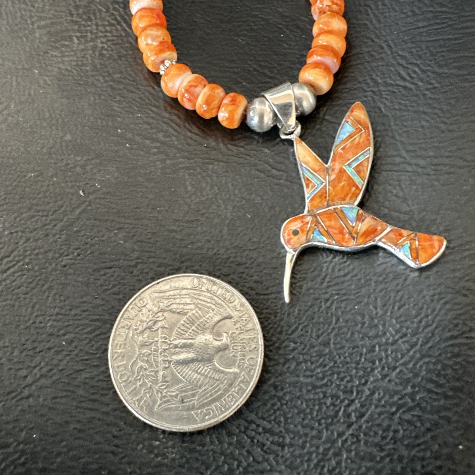 HummingBird Orange Spiny Oyster Opal Sterling Silver Necklace Pendant 18675