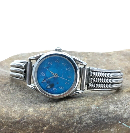 Blue Dial Watch Head Sterling Silver Navajo Alloy Watch Tips 2703
