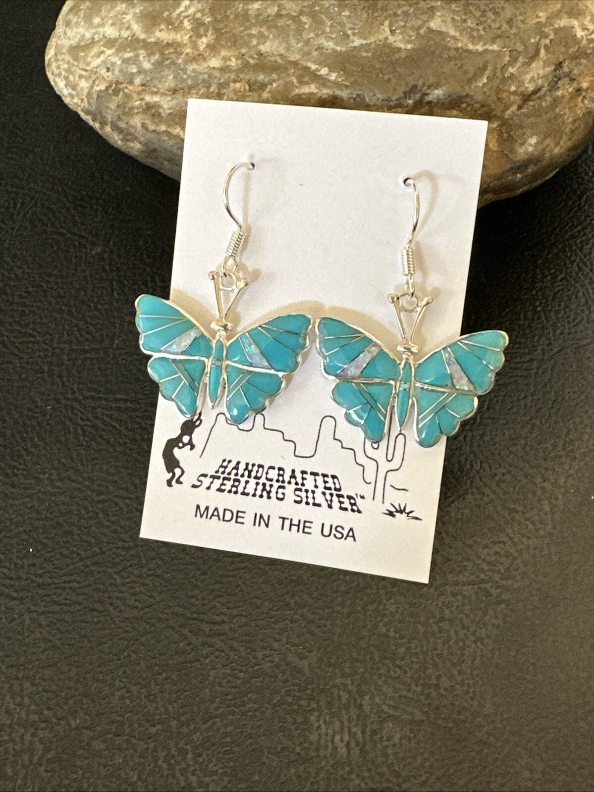 Butterfly Blue Turquoise Opal Inlay Sterling Silver Dangle Earrings 19137