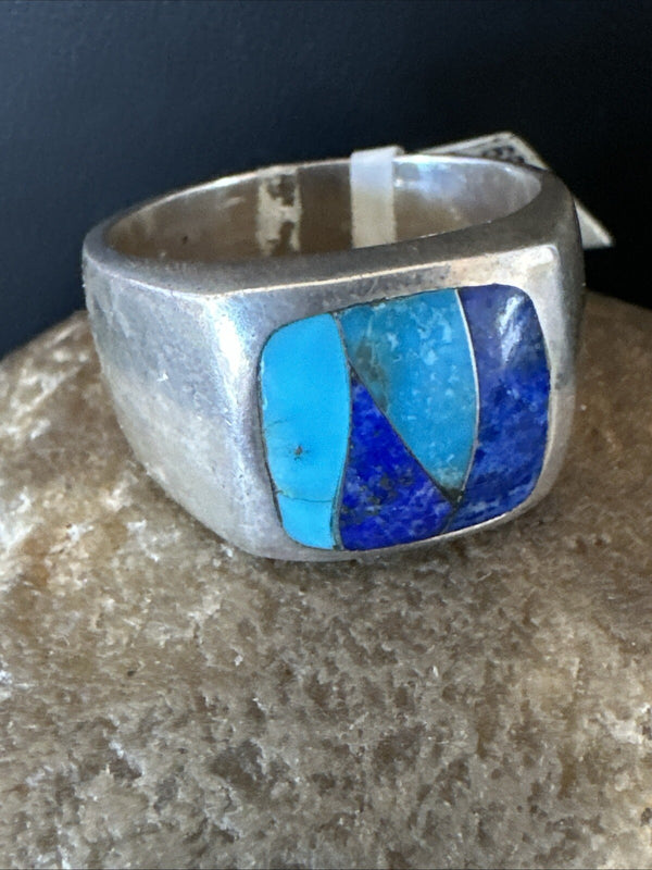 MultiColor Navajo Turquoise Lapis Inlay Ring Sz 10 | Sterling Silver | Authentic Native American Handmade | 18816