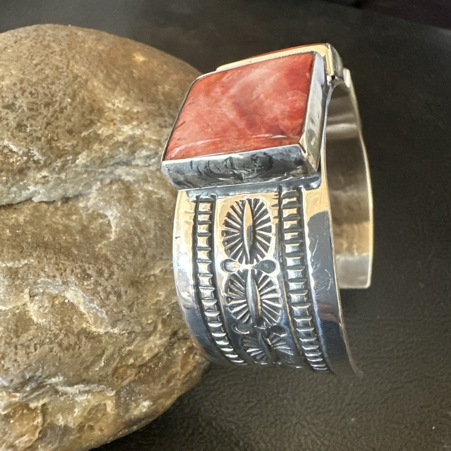 Red Spiny 3 Stone Sterling Silver Navajo Cuff Bracelet 7.7" 19488