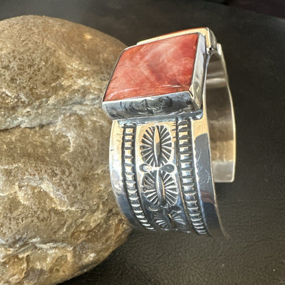 Red Spiny 3 Stone Sterling Silver Navajo Cuff Bracelet 7.7" 19488