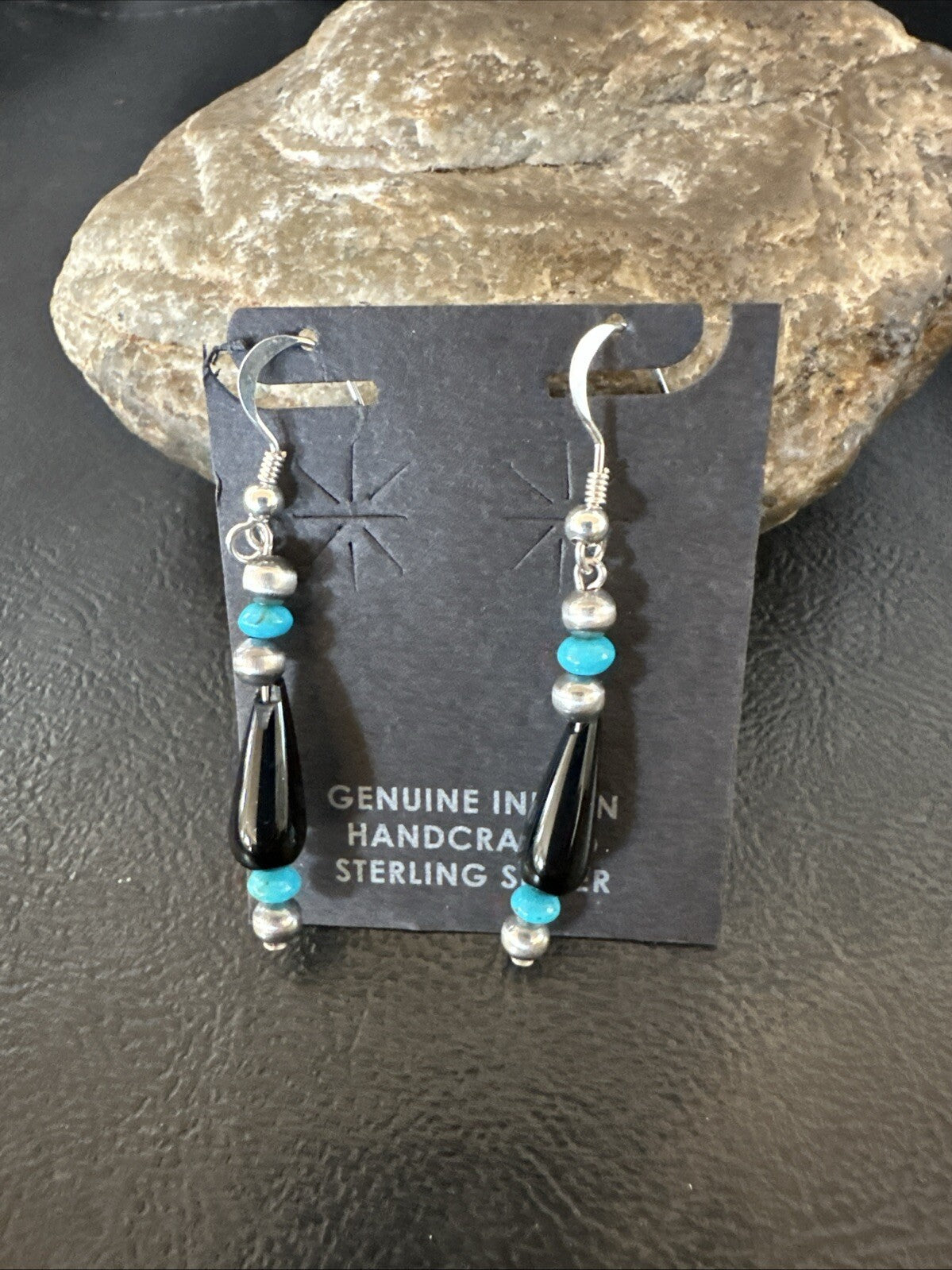 Navajo Sterling Silver Blue Turquoise Black Onyx Bead Dangle Earrings 18645