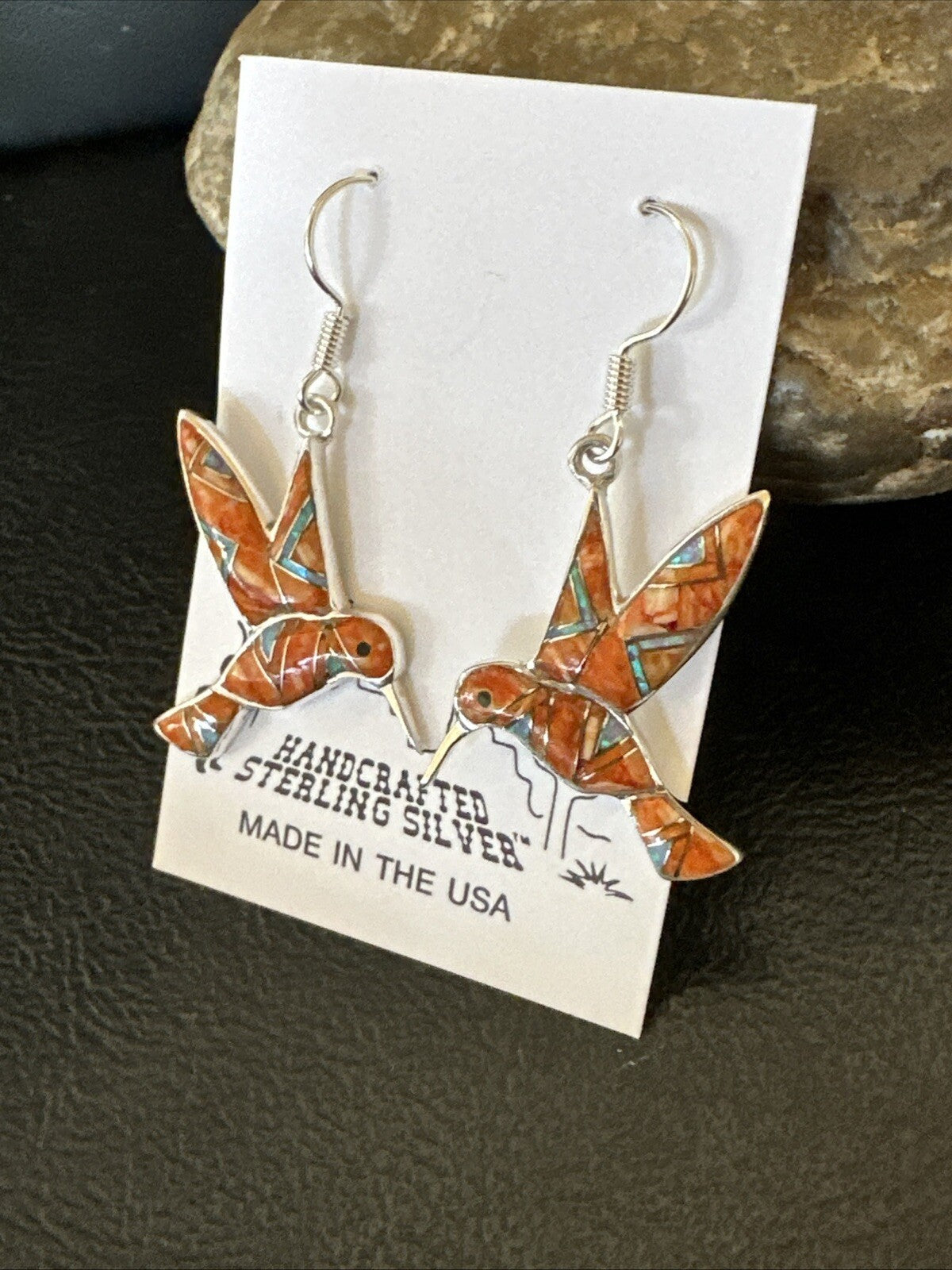 Orange Spiny Oyster Opal Sterling Silver Hummingbird Dangle Earrings 18552