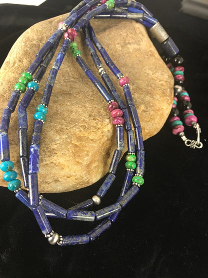 Denim Lapis Multi Strands Navajo Sterling Silver Necklace 22" 03342