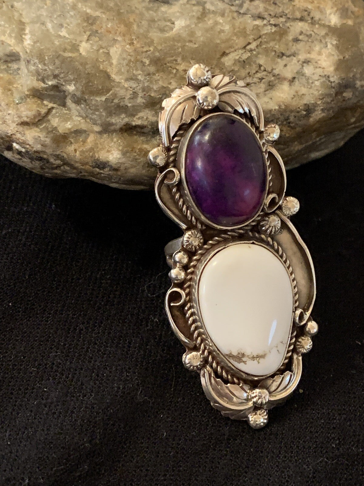 Southwestern Sterling Silver White Buffalo Purple Stone Ring Sz 8.5 00399