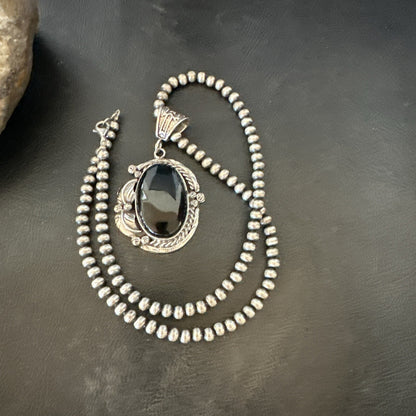 Mens Womens Black Onyx Pendant Navajo Sterling Silver Beads Necklace 18297