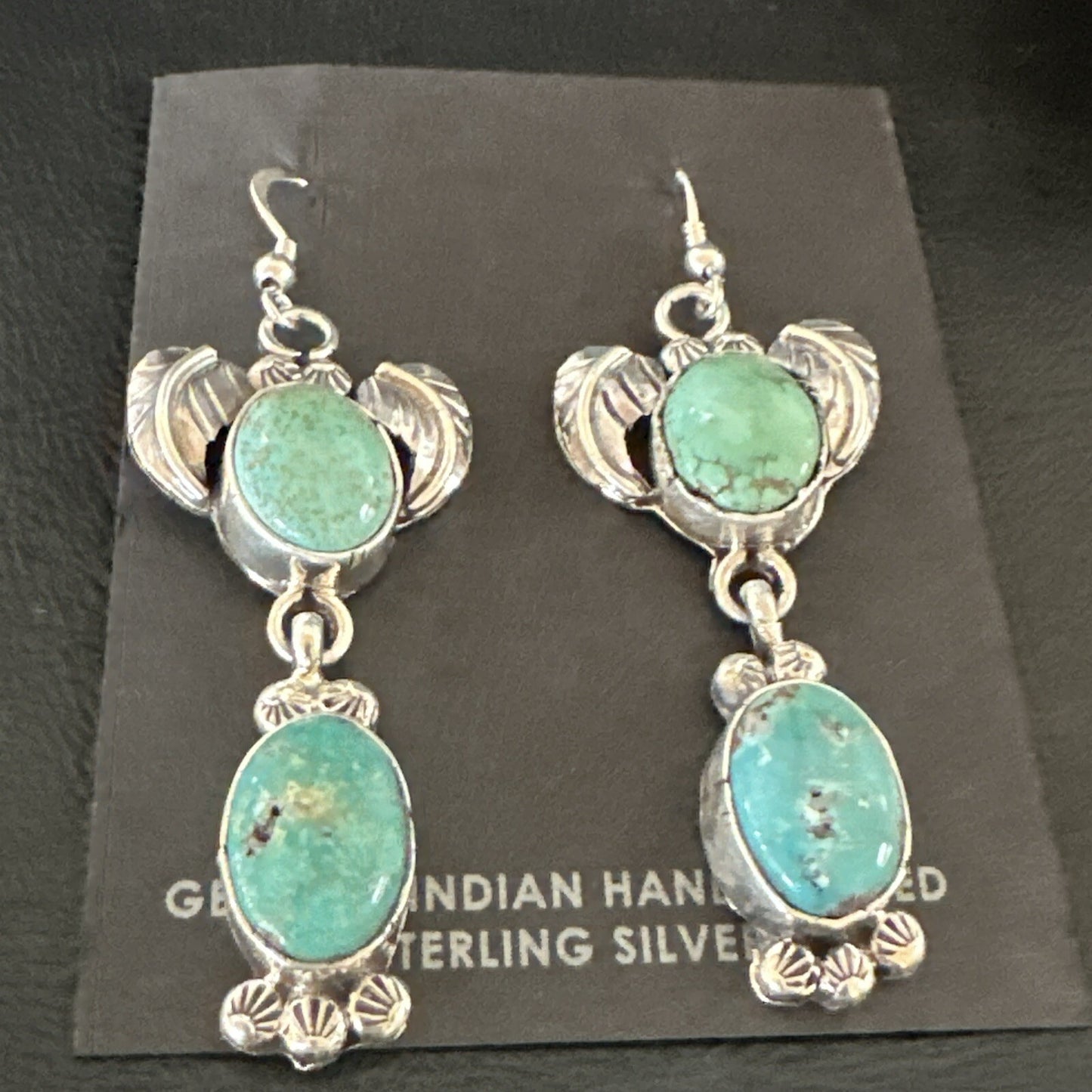 Navajo Green Turquoise Sterling Silver Dangle Earrings 2” 18044