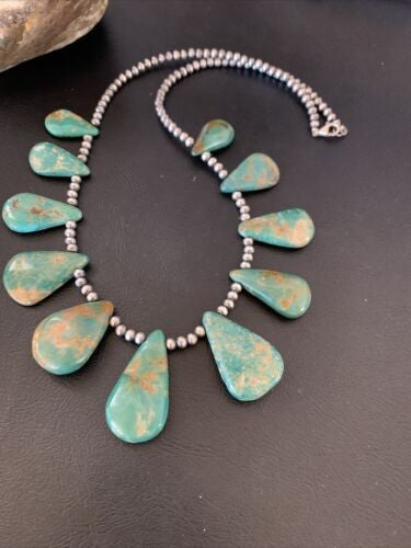 Navajo Pearls Royston Turquoise Teardrop Necklace Sterling Silver 12003
