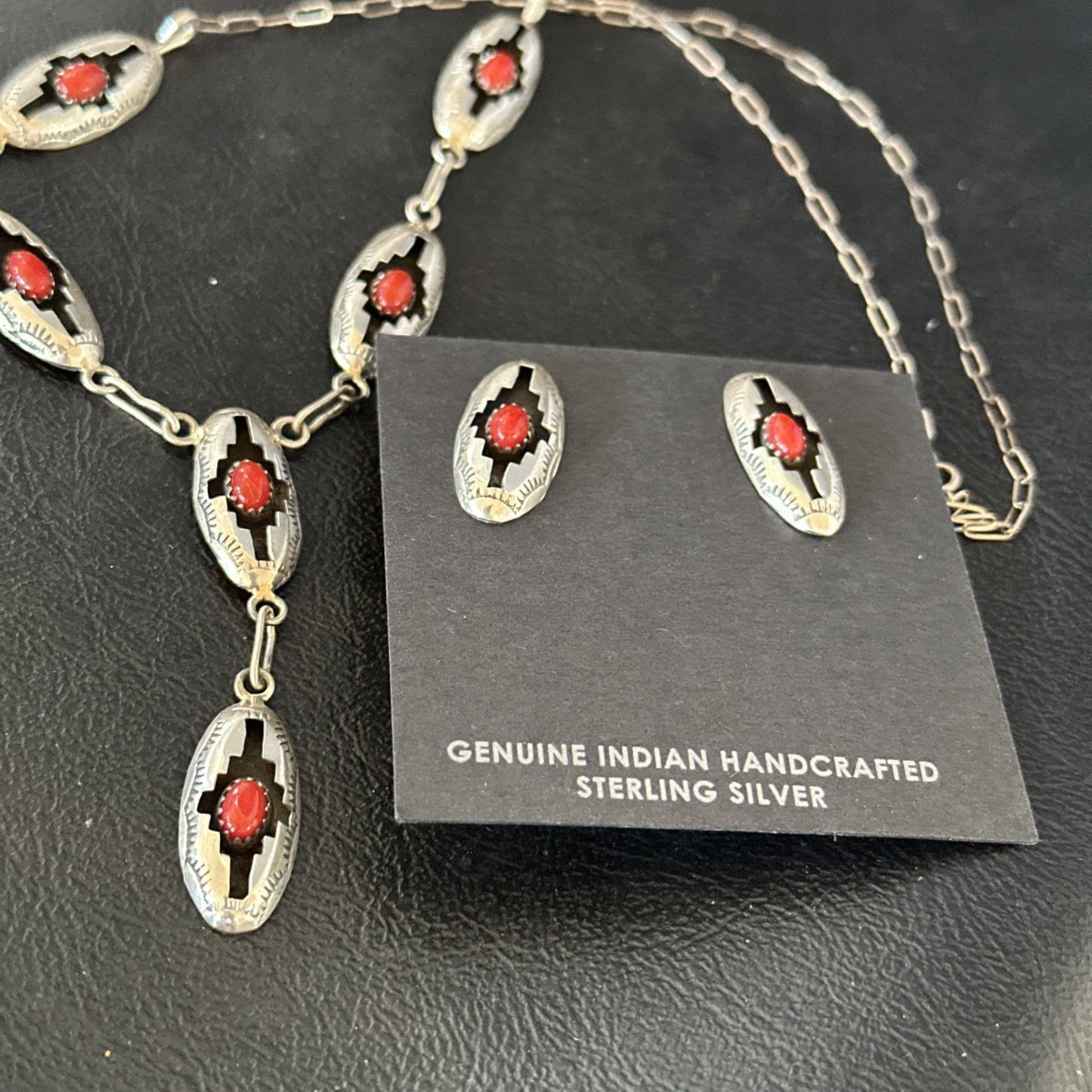 Old Native Navajo Red Coral Sterling Silver Shadowbox Necklace Earrings 18”19102