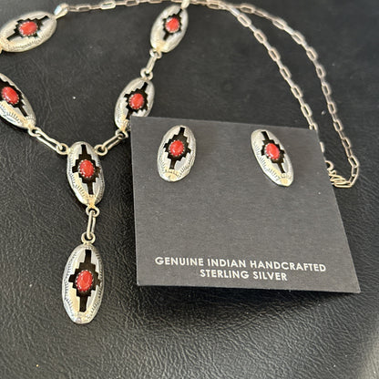 Old Native Navajo Red Coral Sterling Silver Shadowbox Necklace Earrings 18”19102