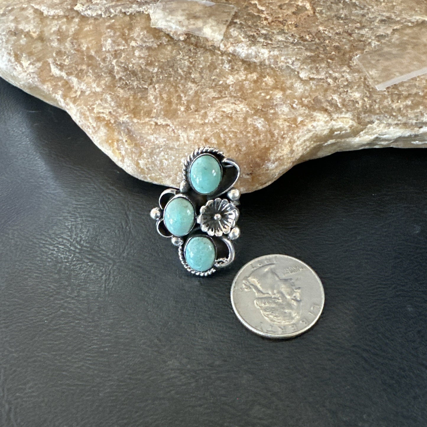 Yazzie Ring Green Turquoise Navajo Sterling Silver Cluster Size 8 19223