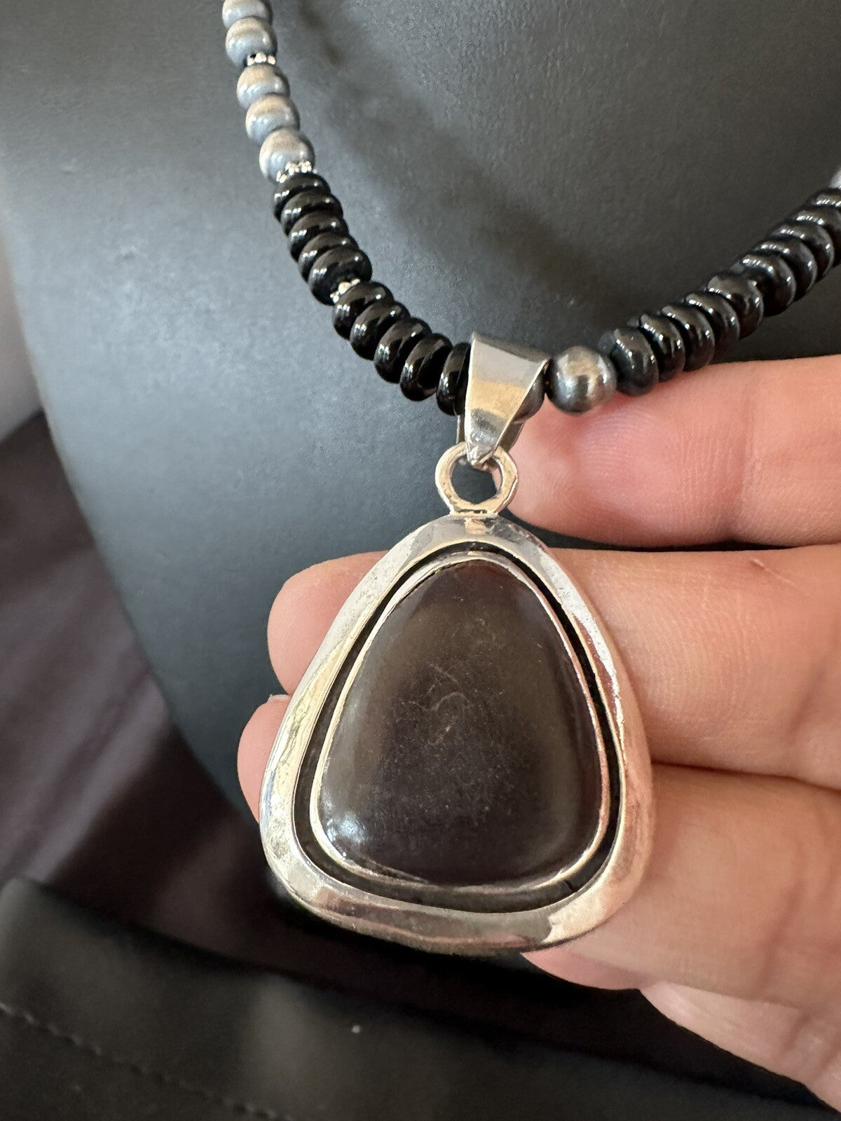 Mens Womens Black Stone Pendant Onyx Sterling Silver Beads Necklace 18334