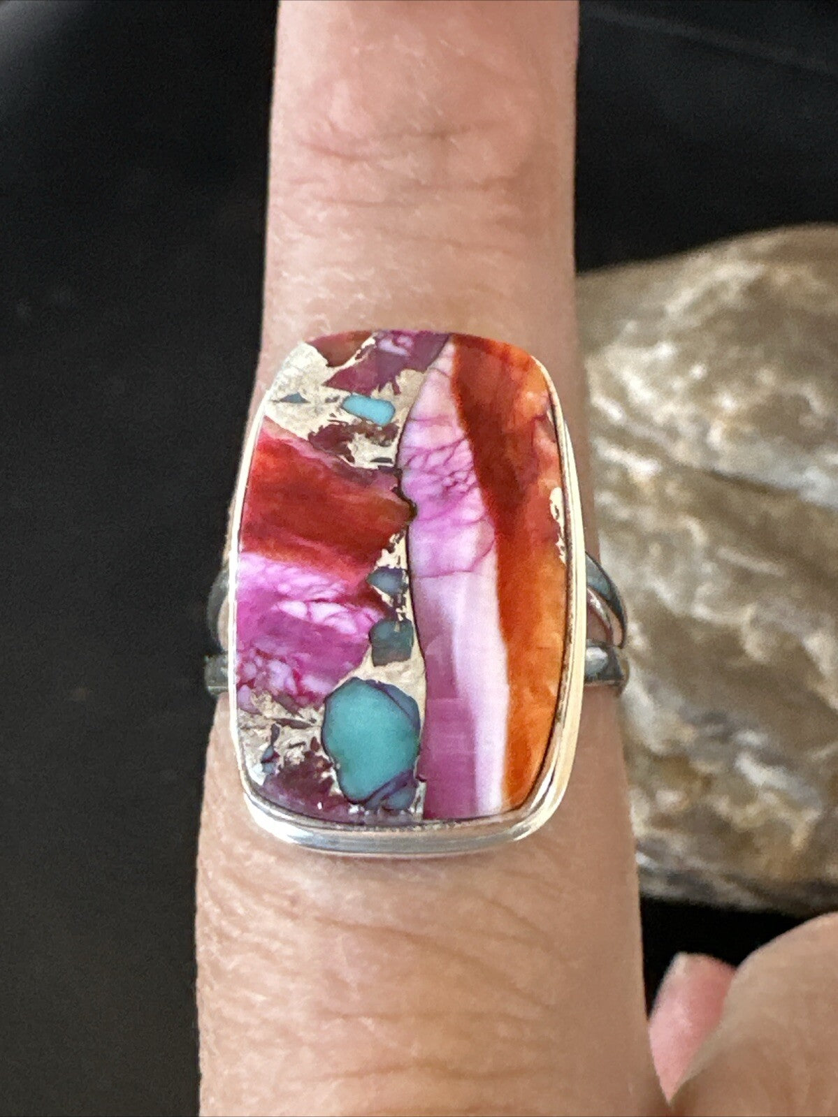 Blue Turquoise Spiny Oyster Southwestern Sterling Silver Ring Size 8 18487