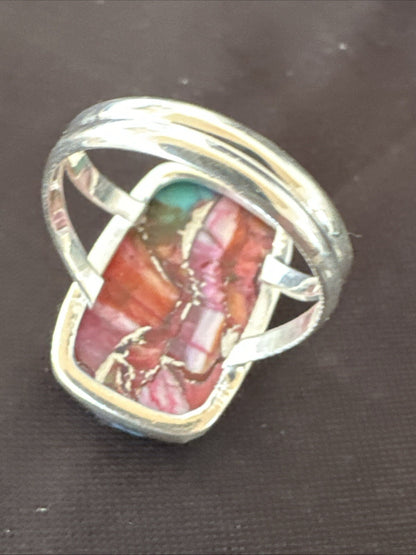 Blue Turquoise Spiny Oyster Southwestern Sterling Silver Ring Size 9 18543
