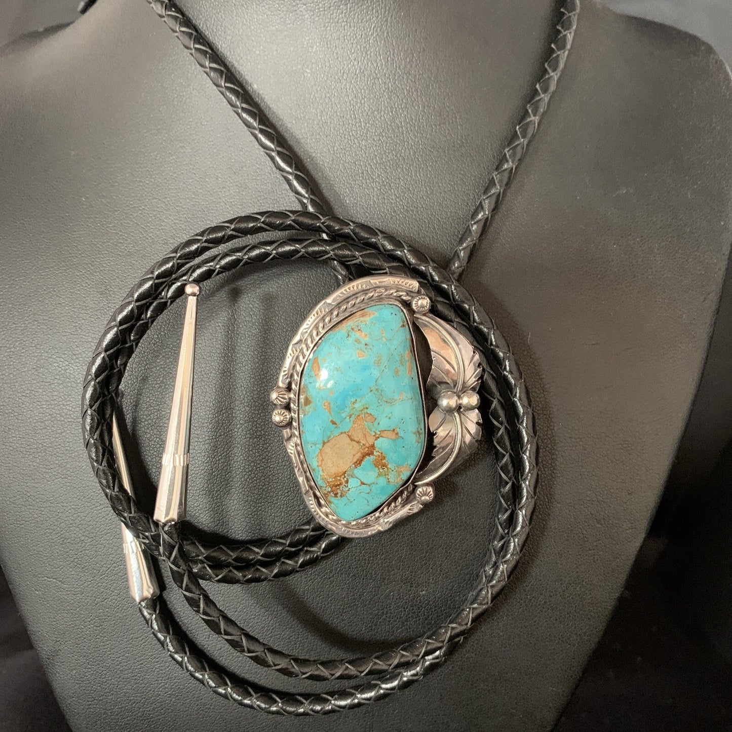 Native Mens Bolo Tie Blue Royston Turquoise Sterling Silver Navajo 14111N
