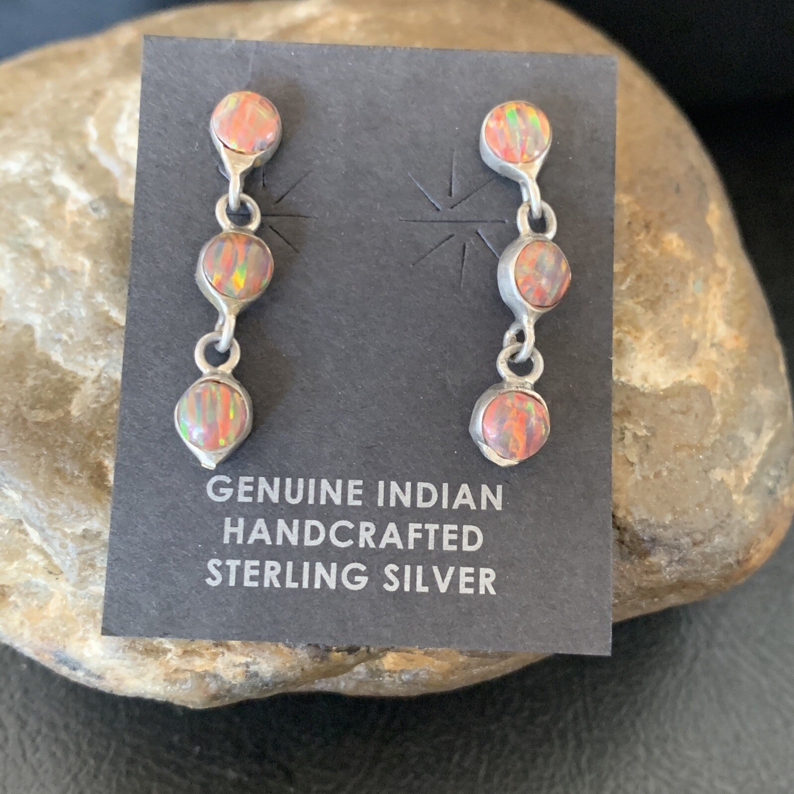 Womens Pink Opal Inlay Navajo Sterling Silver Dangle Post Earrings 1" 12760