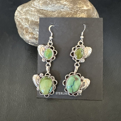 Native Navajo Green Turquoise Sterling Silver Dangle Earrings 2” 17693
